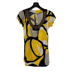 Beaded Scoop Neck Yellow & Black Abstract Print Tunic Top Small USA Made